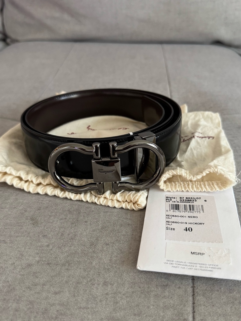 Salvatore Ferragamo Black Leather Belt with Gunmetal Gancini Buckle
